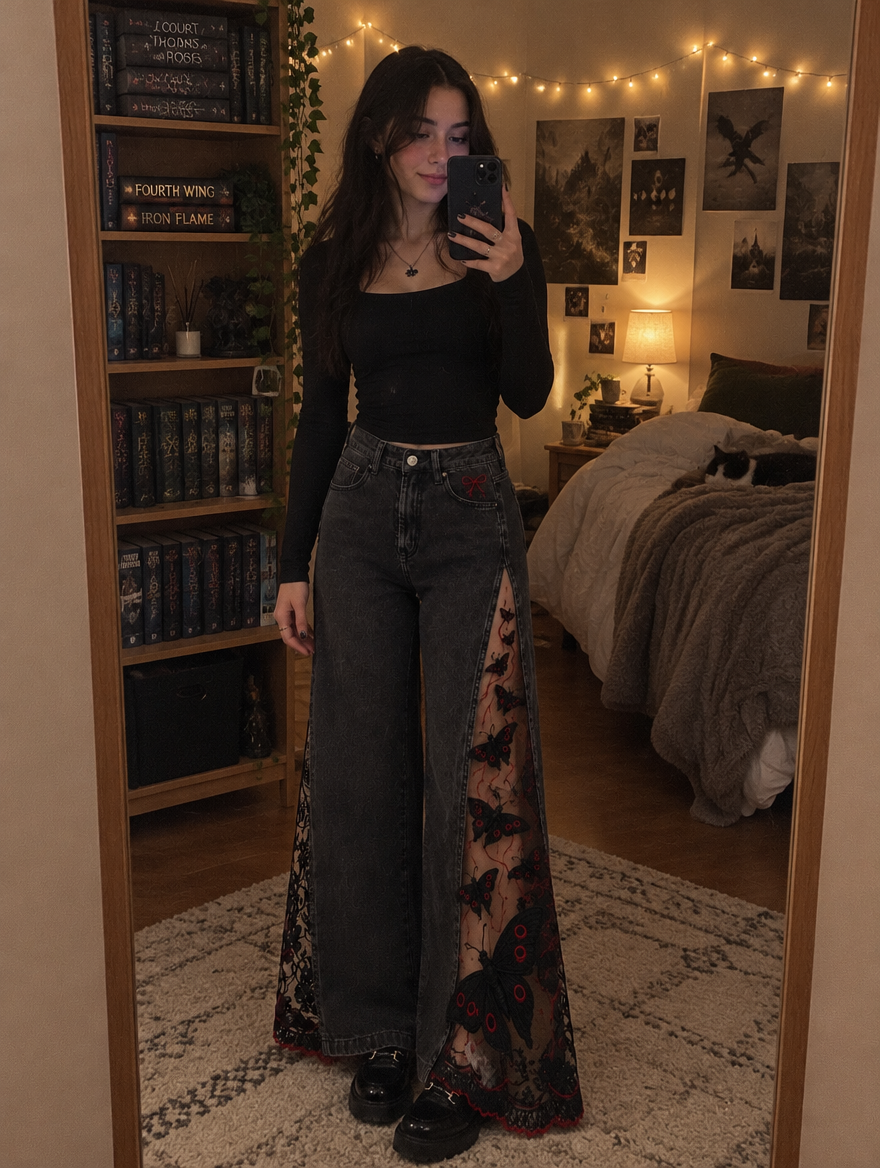 RomantasyDenim lace-slit jeans mirror selfie