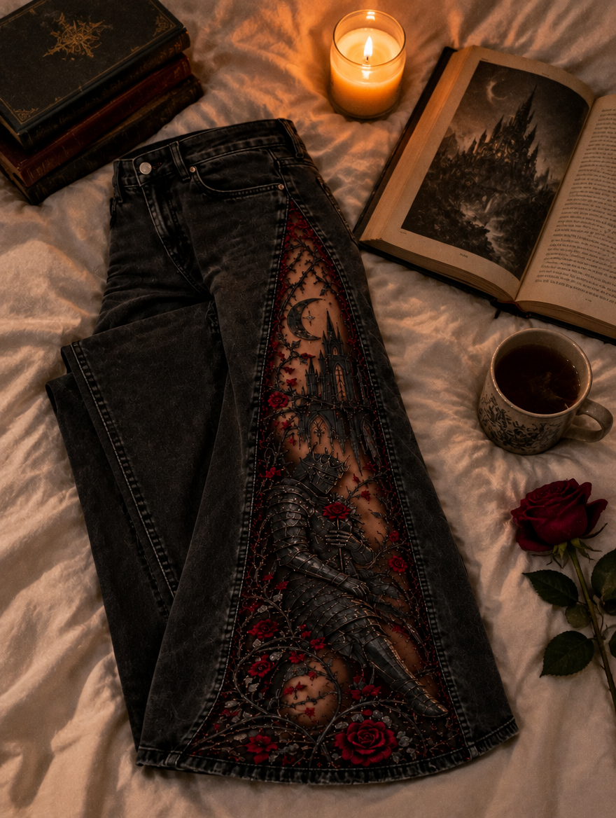 RomantasyDenim jeans flat lay with books and candle