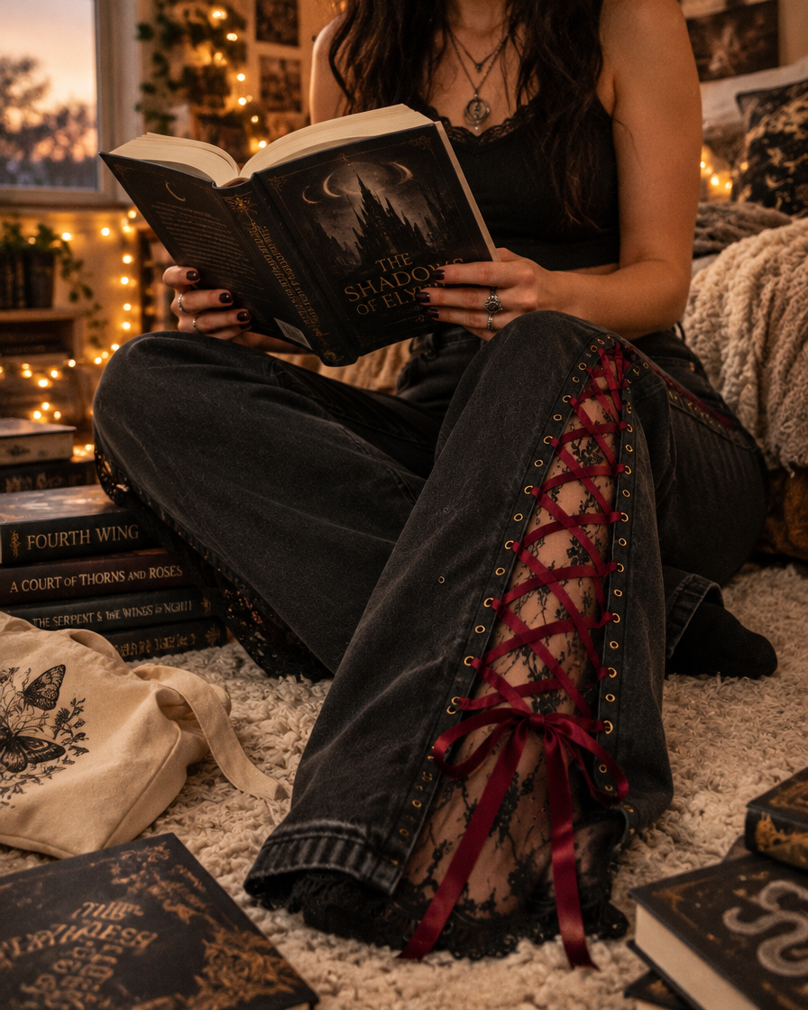 Reading on the floor in RomantasyDenim jeans